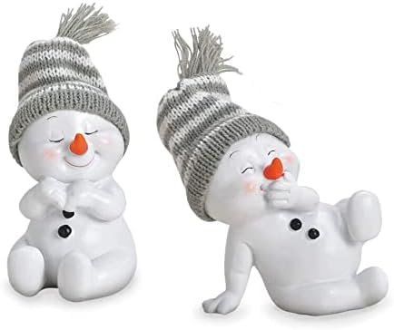 Deko Figur Schneemann sitzend im 2er Set je 11 cm, Polystein weiß mit Wintermütze Textil Wolle, Dekofigur Schneemannfigur geeist Winterdeko Winter Weihnachten…
