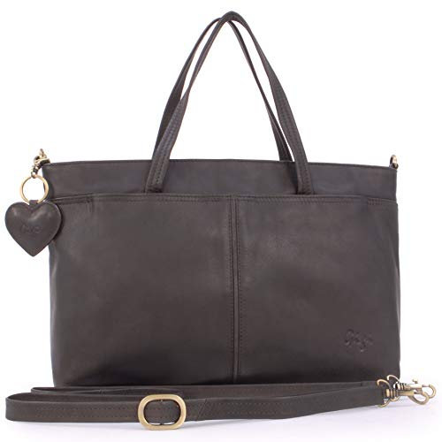 Gigi - Women's Large Leather Shoulder Bag - Work Tote Handbag - Additional Crossbody Strap - With Heart Keyring Charm - Othello 6490 - Antique Brown
