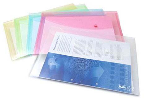 Rapesco 0696 ECO Recycelte Dokumentenmappe mit Druckknopf, A4+, Sortierte Transparente Pastellfarben, 5 Stück