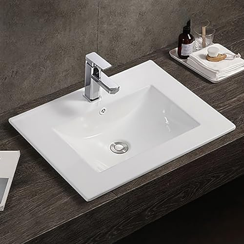 600mm Inset Bathroom Basin Ceramic White Sink Modern Square Cloakroom Basin Single Tap Hole Vanity Cabinet Mounted Basin Overflow Countertop Basins Wash Bowl Vessel Sink