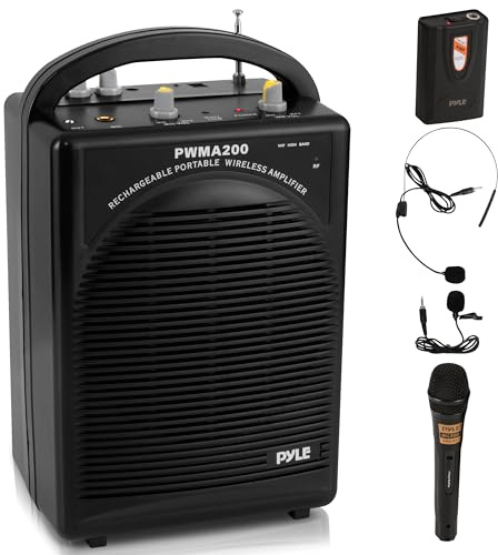Pyle Portable PA Speaker & Microphone System - FM Stereo Radio, Built-in Rechargeable Battery, Aux & Microphone Inputs, Includes Beltpack, Hand-held Headset & Lavalier Mics - Black