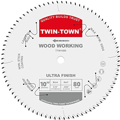 TWIN-TOWN 10-Inch 80-Tooth ATB Fine Finish Wood Cutting Circular Saw Blade, 5/8 Inch Arbor, Compatible with Table and Miter Saws, Premium Quality Woodworking Saw Blade