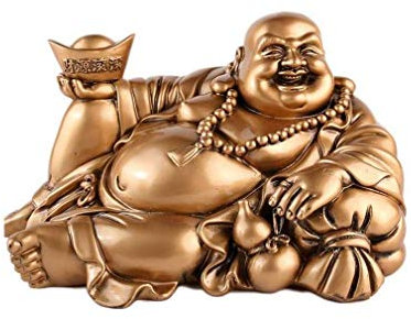 lachineuse - Statuette Grand Bouddha Rieur Allongé - Traditions Bouddhistes - Lingot Yuan Bao, Gourde Wu Lou -Porte-Bonheur, Chance, Fortune - Statue Résine Doré 14 cm - Idée Déco & Cadeau Chine, Asie