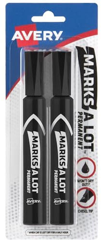 Avery Marks-A-Lot Permanent Markers, Regular Desk-Style Size, Chisel Tip, Water and Wear Resistant, 2 Black Markers (07902)