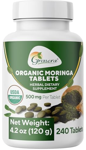 Grenera Organic Moringa Tablets | USDA Organic, 500mg Per Tablet | Uncoated Herbal Supplement, Single Ingredient Moringa Leaf Powder | Lab Tested Quality, Vegan & Kosher Certified | 240 Count