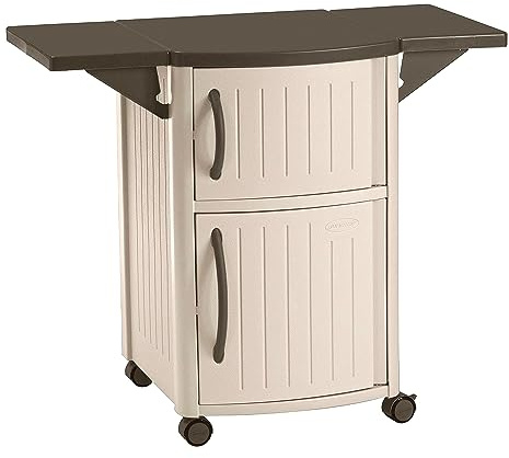 Suncast Serving Station Patio Cabinet, Portable Grill Prep Table, Light Taupe & Mocha - Includes Side Shelves, Storage Cabinets, Server Tray and Wheels for Outdoor BBQ Grilling and Backyard Dining