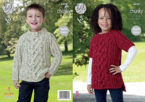 King Cole Knitting Pattern Girls Boys Cable Detail Raglan Sleeve Sweater & Tunic Chunky Tweed (4420)
