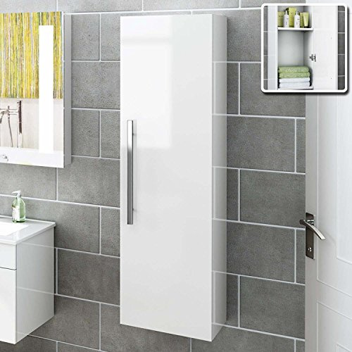 iBathUK Avon Wall Mounted Tall Bathroom Storage Cabinet, Slim MDF Cupboard Unit with Soft Close Door and Fixed Shelves, Modern Thin Shelf Unit in Gloss White, 120 x 35 x 25cm