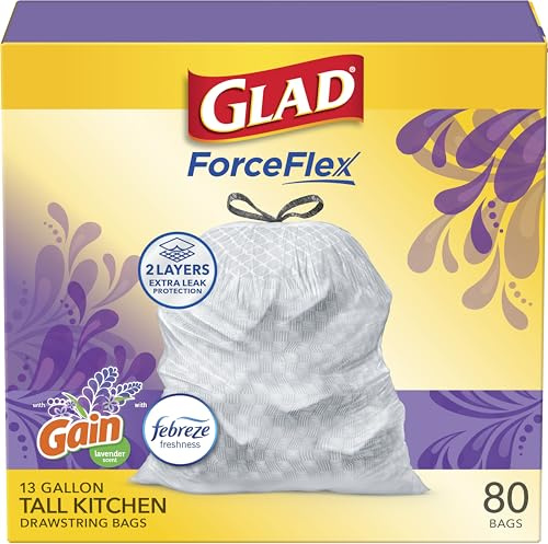 Glad OdorShield Tall Kitchen Drawstring Trash Bags, Lavender, 13 Gallon, 80 Count by Glad