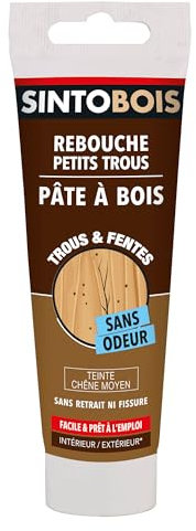 SINTOBOIS - Rebouche Petits Trous - Pâtes à Bois Sans Odeur - Prêt à l'Emploi - Sans Solvant - Sec en 4h - Intérieur et Extérieur - Ne se Rétracte pas - Chêne Moyen - Technique Professionnelle - 80 g