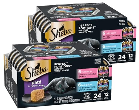 Sheba Perfect Portions Wet Cat Food Pate, Sustainable Salmon and Tender Whitefish & Tuna Entree, Cat Food Wet Recipe Variety Pack, 2.6 oz. Twin-Pack Trays (12 Count, 24 Servings) (Pack of 2)