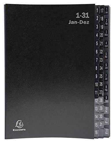 Exacompta 57044E Recycling Pultordner Ordonator aus extra starkem Karton 44 Fächer 1-31 und 1-12/Jan.-Dez. für DIN A4 Sichtlöcher plastikverstärkte Taben Blauer Engel Registermappe schwarz