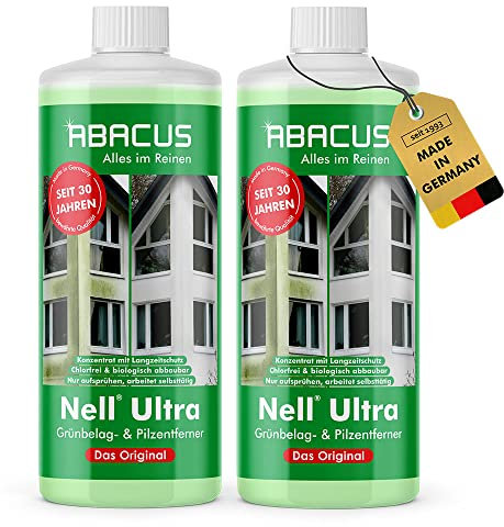 ABACUS® Nell Ultra Grünbelagentferner & Algenentferner Konzentrat, extrem stark! Entfernt Grünbelag & Algen selbsttätig mit Langzeitschutz – für Stein, Fassade, Terrasse, Dach – Nell Ultra 2x1000 ml