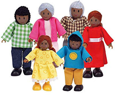 Hape Puppenfamilie – Dunkle Hautfarbe – 6-teiliges Puppenhaus-Zubehör mit Figuren aus Holz und Stoff, Rollenspiel, ab 3 Jahren
