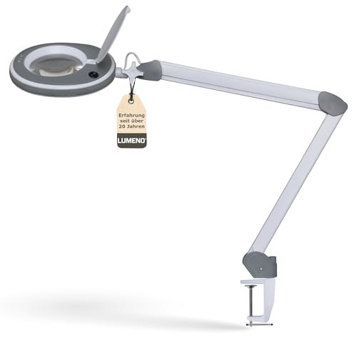 Lumeno 8213GR LED Lupenleuchte Arbeitsplatzleuchte Kosmetiklampe, einstellbare Helligkeitsstufen, kristallklare 127 mm Glaslinse, Lesehilfe/Lupe, 3 Dioptrien