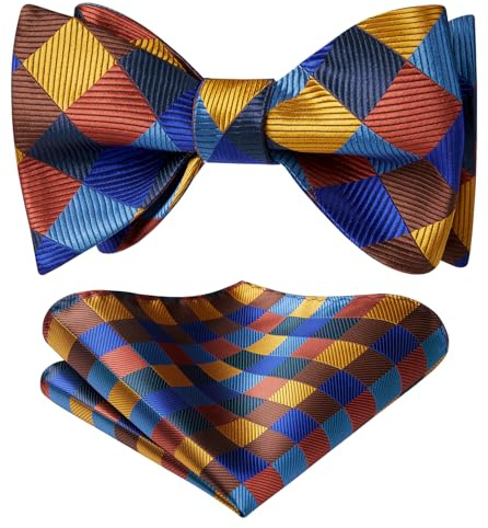 HISDERN Men's Check Plaid Self Tie Bow Tie and Pocket Square Set - Classic Formal Orange Tuxedo Wedding Bowties and Handkerchief
