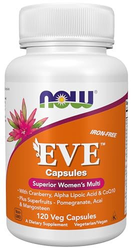 NOW Foods Supplements, Eve™ Women's Multivitamin with Cranberry, Alpha Lipoic Acid and CoQ10, plus Superfruits - Pomegranate, Acai & Mangosteen, Iron-Free, 120 Veg Capsules