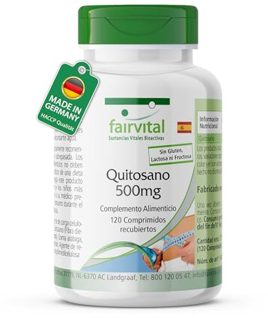 fairvital Quitosano 500mg, 120 comprimidos, 3000mg por dosis diaria, ALTA DOSIS, fácil de tragar, fibra dietética natural