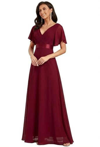 Ever-Pretty Vestito da Damigella Donna Stile Impero Linea ad A Scollo a V Maniche Corte Lungo Borgogna 48