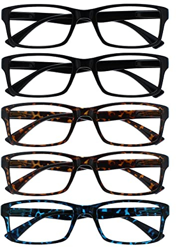 OPULIZE PEP Reading Glasses for Women Men, Large Rectangular Designer Frame with Spring Hinges, Scratch Resistant, Black, Brown, Blue +3 (Pack of 5)
