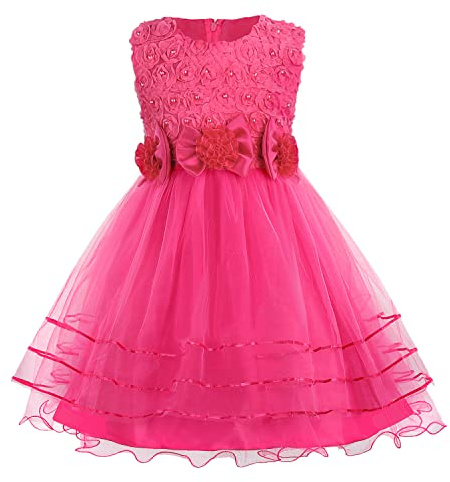 Discoball Girls Princess Dress Rose Flower Bow Tie Party Dresses Tulle Wedding Dresses Bridesmaid Christening Elegant Formal Dress for Girls
