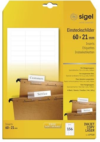 SIGEL LP720 Etiquetas Index para carpetas colgantes para Leitz/Falken, 185g, 156 unds.
