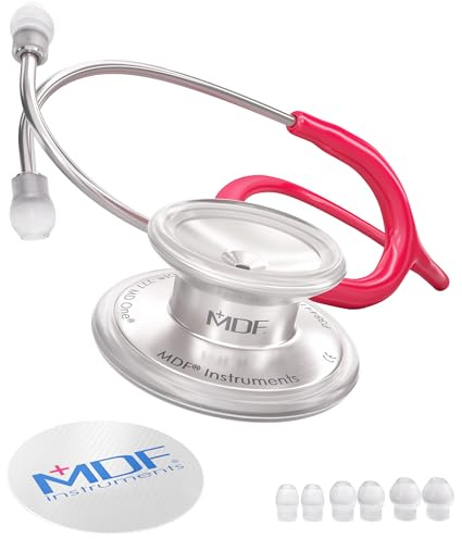 MDF Instruments, MD One Stainless Steel Stethoscope, Adult, Raspberry Tube, Silver Chestpieces-Headset, MDF77723