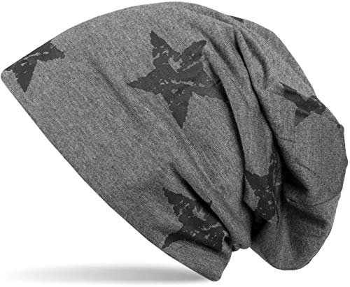 styleBREAKER Unisex Stoff Beanie Mütze mit Sterne Print im Destroyed Vintage Look, Longbeanie 04024041, Farbe:Dunkelgrau