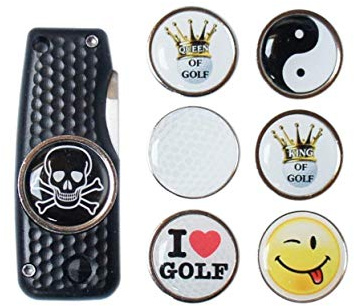 RoLoGOLF Pitchgabel aufklappbar, schwarz, mit Golfball Marker Totenkopf Golf Geburtstagsgeschenk Idee