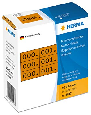 HERMA 4807 nummeretiketter siffror 0-999, tredubbla (22 x 10 mm, papper, matt) självhäftande, permanenta häftand, löpande nummer klistermärken i en kartongdispenser, 3 000 etiketter, brun