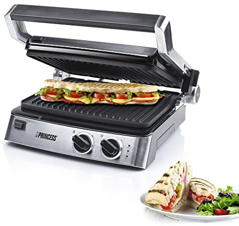 Princess 117300 – Parrilla de contacto con dos termostatos regulables, de mesa y sandwichera, Negro