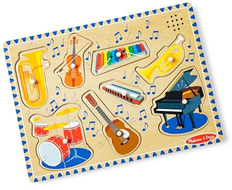Melissa & Doug Musical Instruments Sound Puzzle - Wooden Peg Puzzle with Light-Activated Sound Effects (8 pcs) Wooden Peg Baby Music Learning Toys, for Toddlers and Preschoolers Ages 2+