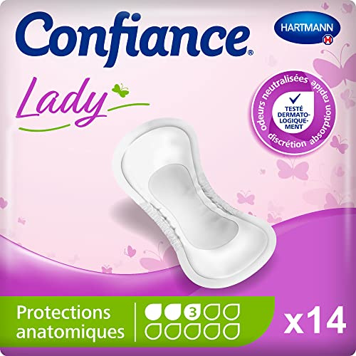 Confiance Lady - Petites Protections Anatomiques Absorbantes pour Femmes - Niveau d'Absorption = 3 gouttes (Fuites Urinaires Moyennes) - pH Neutre à la Peau - 14 Unités