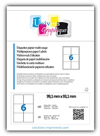 120 étiquettes 99.1 x 93.1 mm étiquettes pour adresse blanches adhésives personnalisables 120 etiquettes 99,1x93,1mm soit 20 feuilles de 6 étiquettes autocollantes pour imprimante jet d'encre