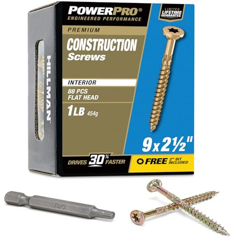 Power Pro 48583 Wood Screws, #9 x 2-1/2, Premium Star Drive Indoor Cabinet Screws, Gold Yellow Zinc, 1lb Box