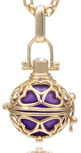 Morella Collar de Acero Inoxidable Dorado 70 cm con Colgante Dorado corazón y Bola de resonancia de Color Lila Ø 16 mm para Damas en Bolsa para Joyas