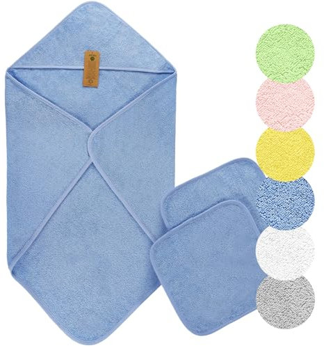 Arus Baby-Kapuzenhandtuch-Set aus Bio-Baumwolle mit 2 Baby-Waschlappen, Hellblau, 75 X 75 cm