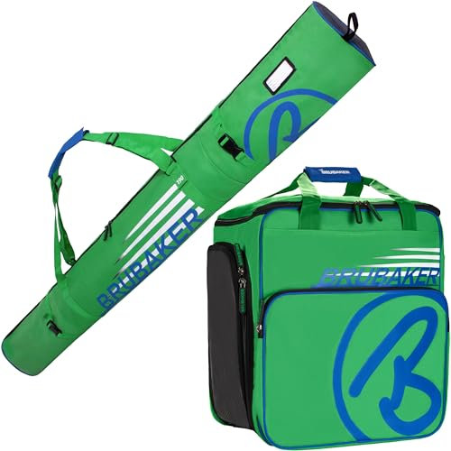 BRUBAKER Kombi Set Champion - Limited Edition - Skisack und Skischuhtasche für 1 Paar Ski bis 190 cm + Stöcke + Schuhe + Helm Grün Blau