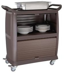 Vogue Chariot avec portes et plateau, marron, capacité : 90 kg/30 kg par étagère, taille : 1040(H) x 987(L) x 525(P)mm, 2x roues freinées, DK737