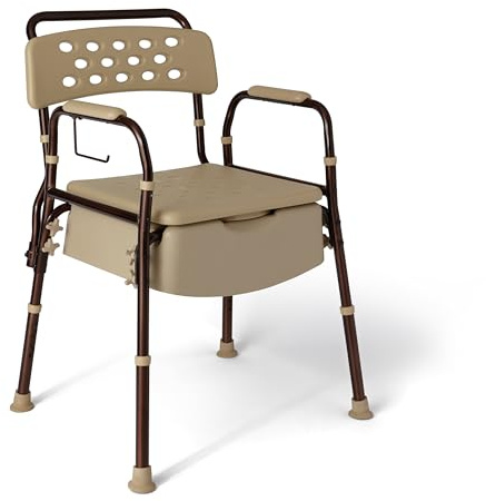 Medline Elements Bedside Commode, Infused with Microban Protection, Height Adjustable Seat and Arm Rests, Flat Lid Cover for Discreet Storage, 400 lbs Weight Capacity, Microban, 1 Count