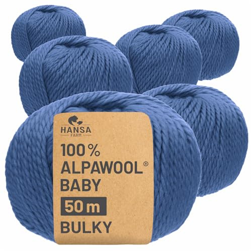 HANSA-FARM | 100% Baby Alpakawolle in 50+ Farben (kratzfrei) - 300g Set (6 x 50g) - weiche Alpaka Wolle zum Stricken & Häkeln in 6 Garnstärken by Hansa-Farm - Jeansblau (Blau)