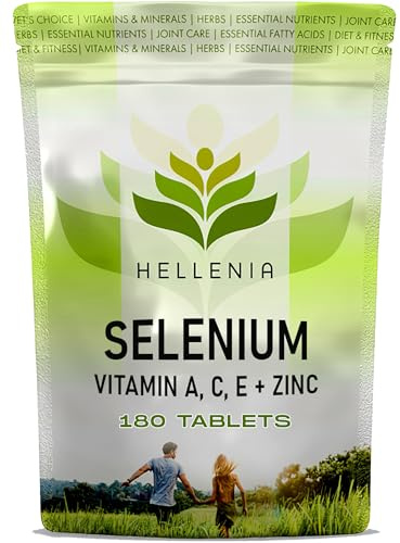 Selenium Supplements 200µg Plus Vitamins A,C,E and Zinc - 180 Tablets - 6 Month Supply Selenium as Selenomethionine | High Bioavailability | Made in The UK by Hellenia