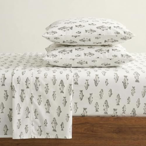 Eddie Bauer - Flannel Sheets Queen Size, Anti-Pilling & Wrinkle Resistant Cotton, Touchably Soft for All-Season Comfort - Bed Sheets with Matching Pillowcases & Fitted Sheet (School of Fish Green)