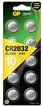 GP Pilas de botón de Litio CR2032, 3 V, CR2032 / DL2032, Voltaje de 3 V (10 Unidades en 2 Paquetes de 5 Unidades, Pilas extraíbles)
