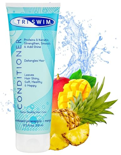 TRISWIM Swim Conditioner 8.5oz | Hydrates, Strengthens & Smooths Hair | Repairs Damage from Chlorine, Bromine & Saltwater | Protein & Keratin Formula | Sunkissed Pineapple + Mango Scent