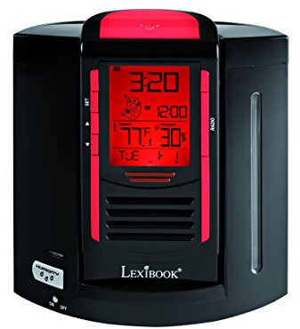 Lexibook, Luftfuktare Radioklocka, Alarm- och snoozefunktion, Levereras med 5 filter, AC + batteriadapter, Svart/Röd, RL2000