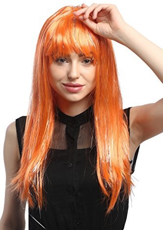 WIG ME UP- XR-003-PC24 Peluca señoras Carnaval Largo Liso mechones de Plata Flequillo Naranja 55 cm