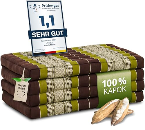 livasia Nachhaltige Klappmatratze aus Kapok - 200x80x8cm - Gästematratze, Faltbare Matratze für Van, ökologische Yogamatte, klappbares Gästebett, Liege für Garten und Balkon (Braun/Grün)