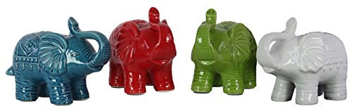 Urban Trends cerámica Trumpeting de pie, diseño de Elefante SM Surtido de Cuatro Surtidos Color Craquelure Acabado Brillante, (Rojo, Azul, Verde y Blanco), Color Rojo/Turquesa/Verde/Blanco