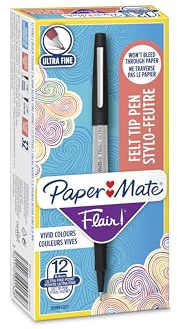 Paper Mate Flair Felt Tip Pens | Ultra Fine Point (0.4mm) | Black | 12 Count
